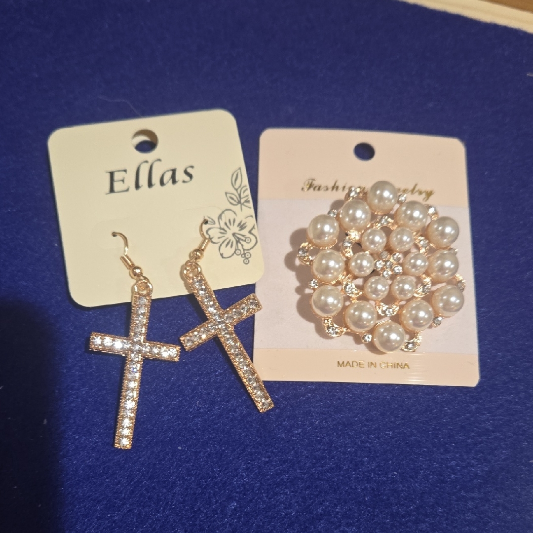 Ellas Gold Cross Earrings And Pearl Brooch